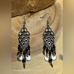Silver lattice style charm with obsidian gemstone bead chandelier earrings
